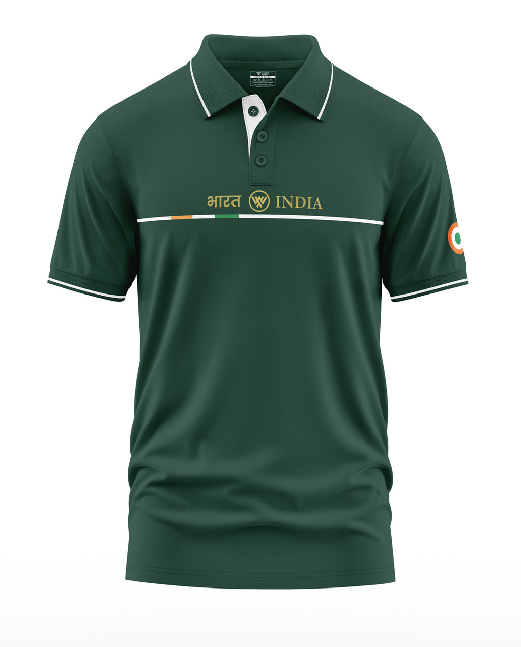 Green men's polo t-shirt with Indian text, flag colors, and tricolor emblem on sleeve