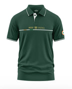 Green men's polo t-shirt with Indian text, flag colors, and tricolor emblem on sleeve