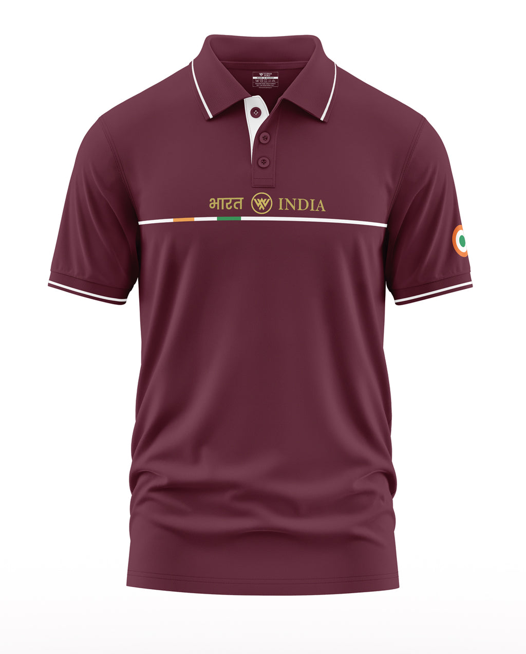 Maroon men's polo t-shirt with Bharat India text and Indian flag colors, short sleeves.