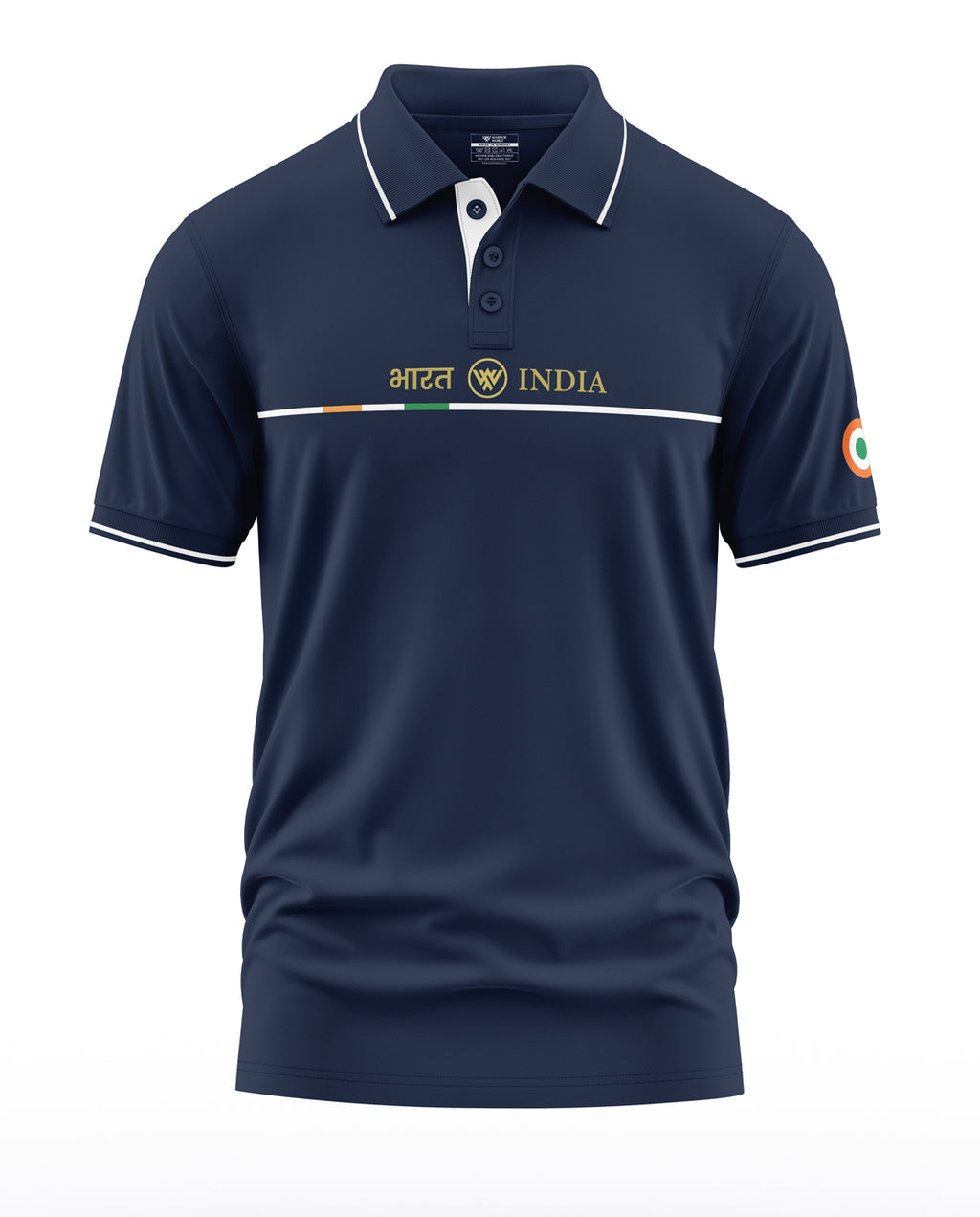 Navy blue men's polo t-shirt with India Bharat text and stripes, tricolor arm patch