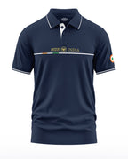 Navy blue men's polo t-shirt with India Bharat text and stripes, tricolor arm patch