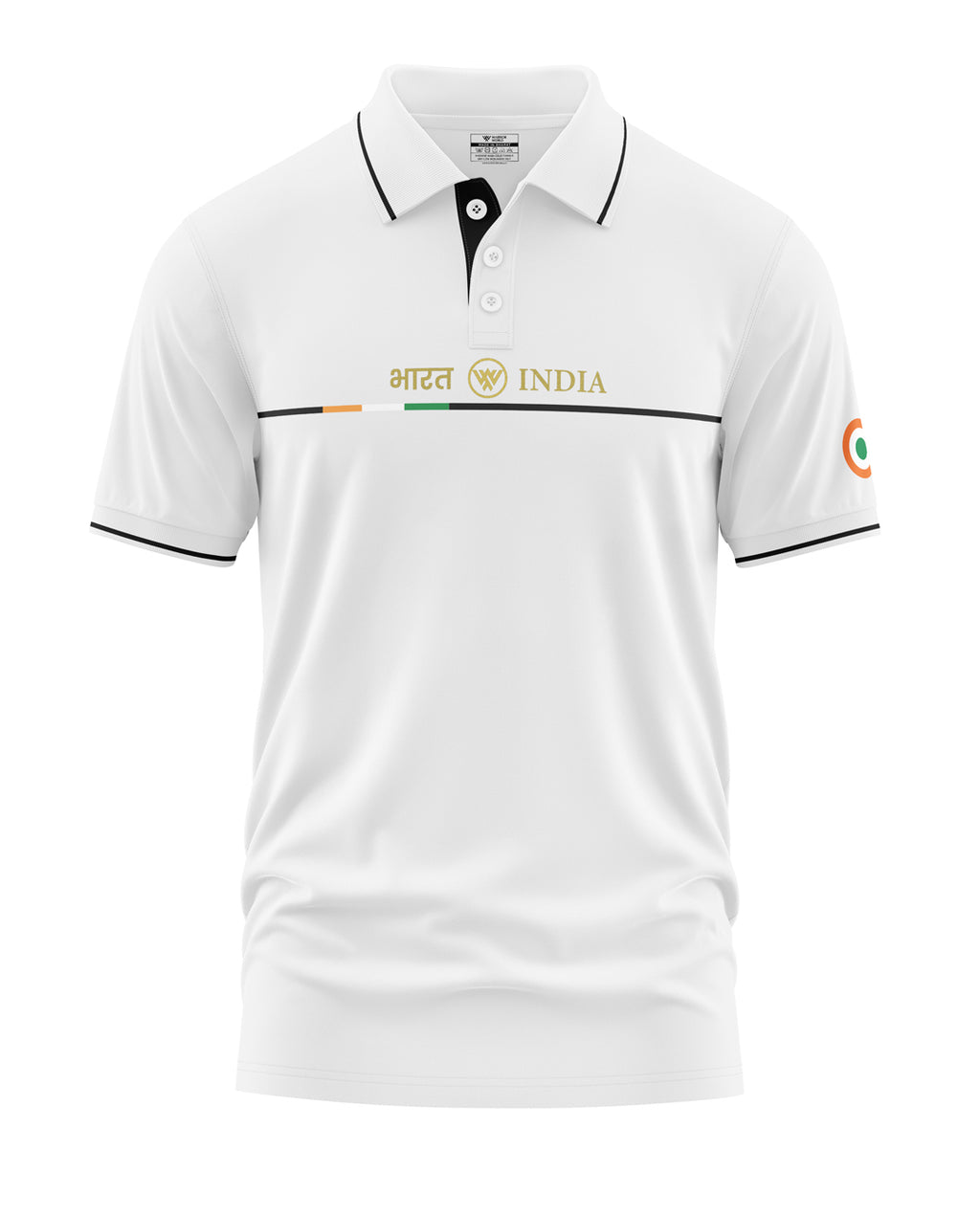 White men's polo t-shirt with black collar trim, Bharat India text and Indian flag detail