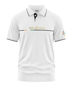 White men's polo t-shirt with black collar trim, Bharat India text and Indian flag detail