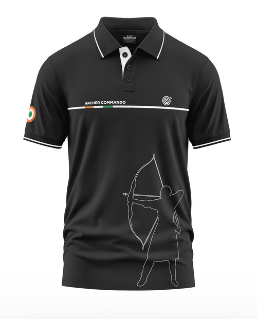 Black polo t-shirt with white archer graphic, tricolor sleeve patch, and Archer Commando text