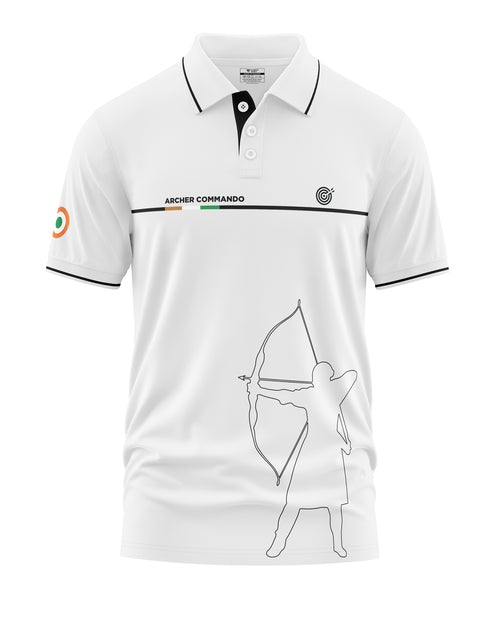White polo t-shirt with archer commando print, target icon, and Indian flag accent on sleeve