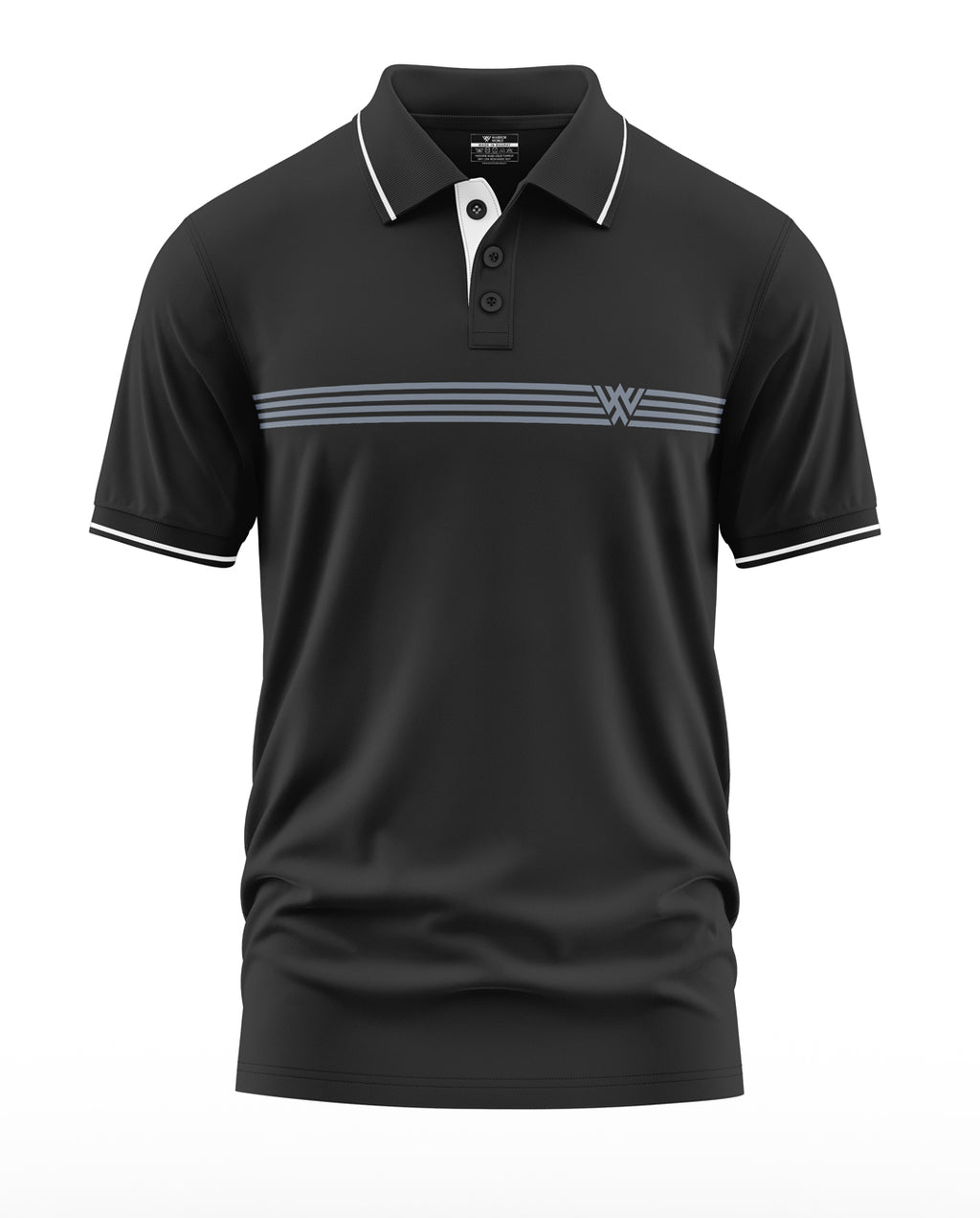 Black men's polo t-shirt with white collar trim and horizontal grey stripes across chest