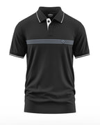 Black men's polo t-shirt with white collar trim and horizontal grey stripes across chest