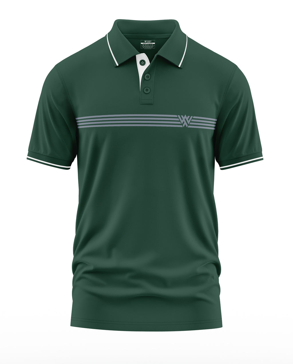 Green men's polo T-shirt with white striped detail, short sleeves, and buttoned collar