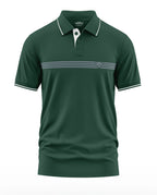 Green men's polo T-shirt with white striped detail, short sleeves, and buttoned collar