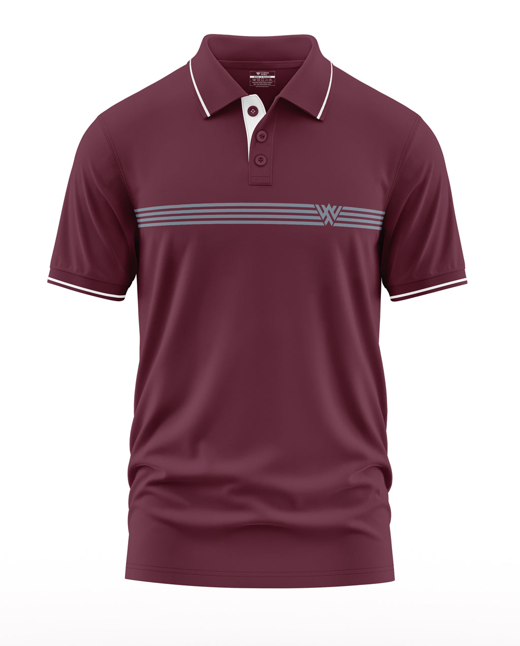Men's maroon polo t-shirt with white collar trim and horizontal grey stripes