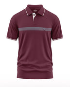 Men's maroon polo t-shirt with white collar trim and horizontal grey stripes
