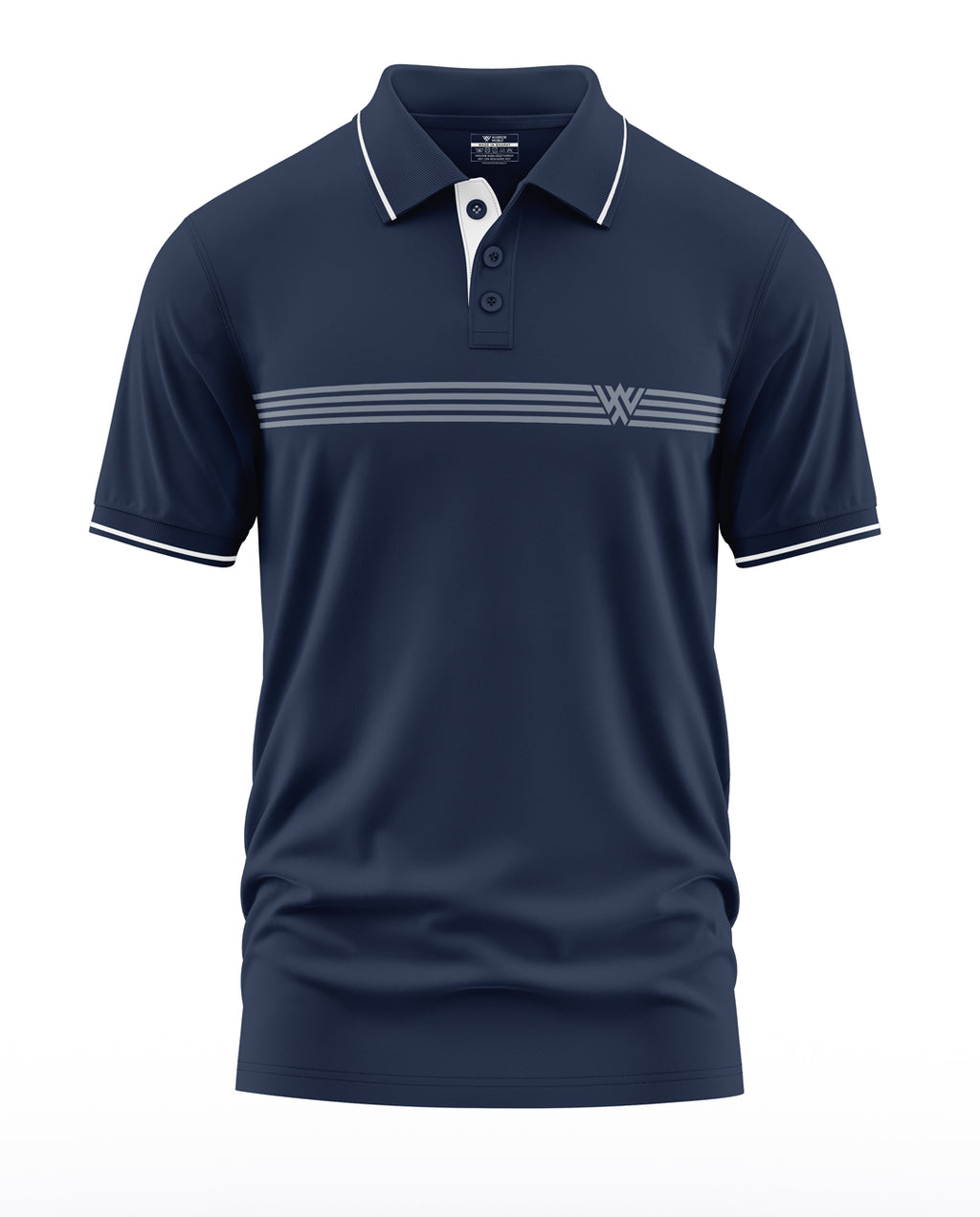 Men's navy blue polo T-shirt with white stripes and a buttoned collar