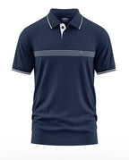 Men's navy blue polo T-shirt with white stripes and a buttoned collar