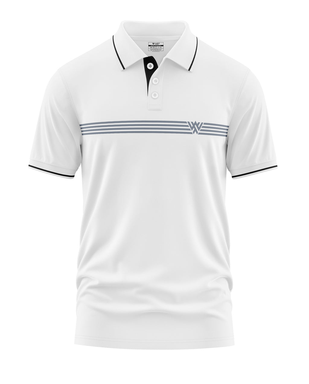 White men's polo t-shirt with black collar, sleeve trim, horizontal grey stripes, short sleeves