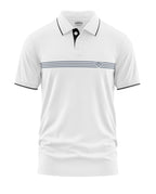 White men's polo t-shirt with black collar, sleeve trim, horizontal grey stripes, short sleeves