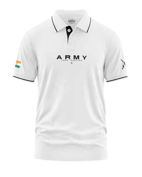 White men's polo t-shirt with 'ARMY LAND WARFARE' text, black trim, Indian flag sleeve patch