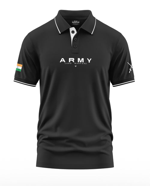 Black army-themed polo t-shirt with white trim, India flag patch, and Land Warfare text