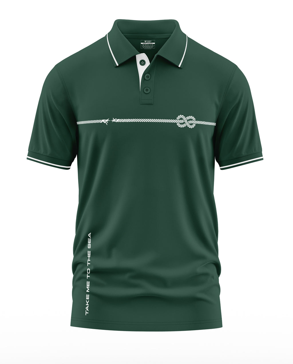 Men's dark green polo t-shirt with white collar trim, rope knot graphic, and 'Take Me To The Sea' text.