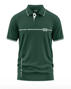 Men's dark green polo t-shirt with white collar trim, rope knot graphic, and 'Take Me To The Sea' text.