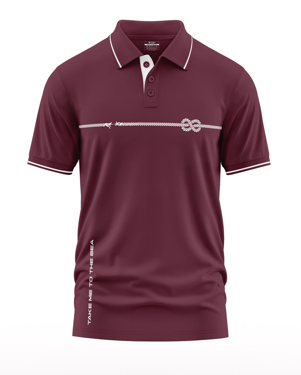 Maroon men's polo t-shirt with white collar trim, nautical rope graphic, and 'Take Me to the Sea' text.