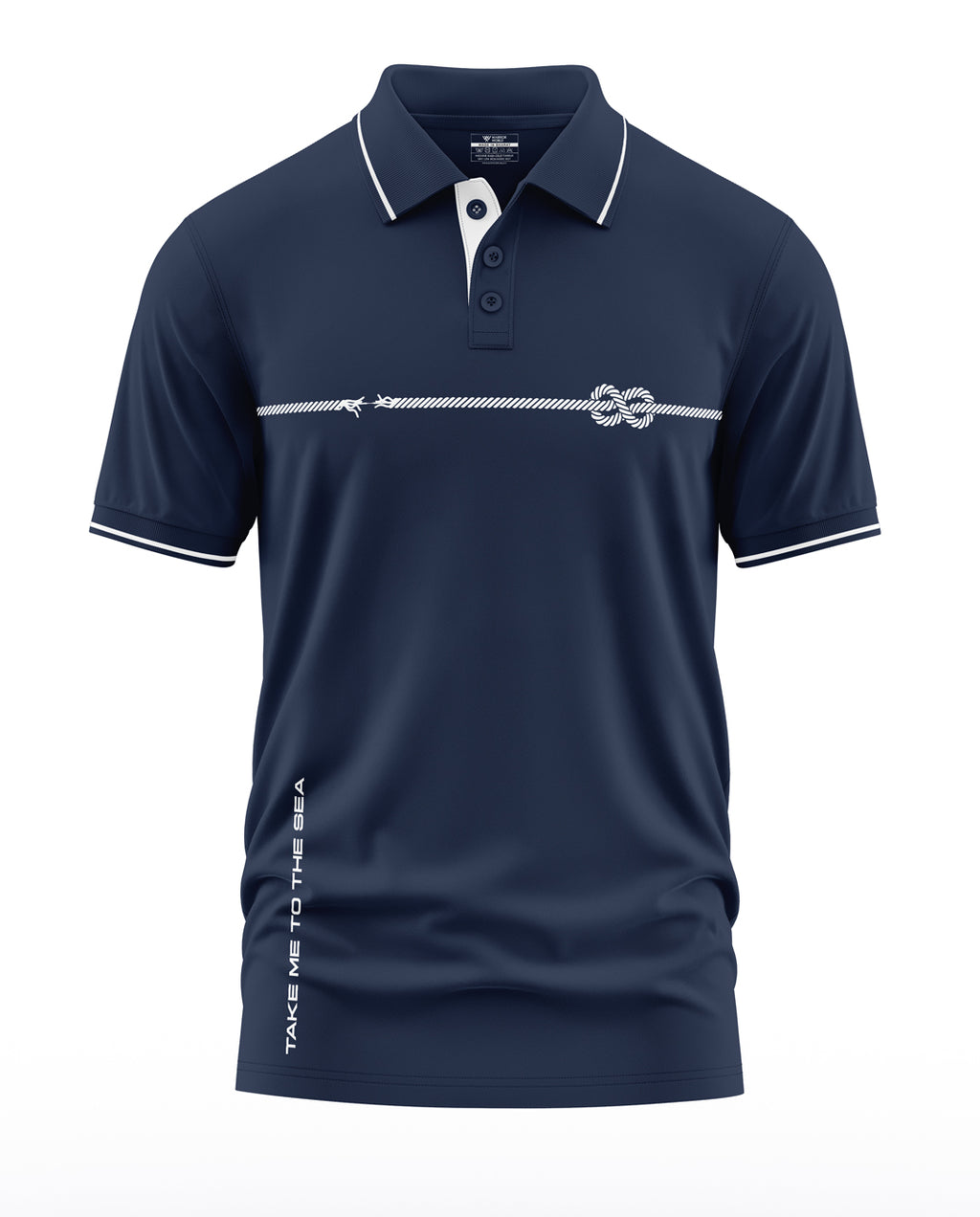 Navy blue men's polo shirt with white rope graphic and 'Take Me To The Sea' text, short sleeves