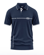 Navy blue men's polo shirt with white rope graphic and 'Take Me To The Sea' text, short sleeves