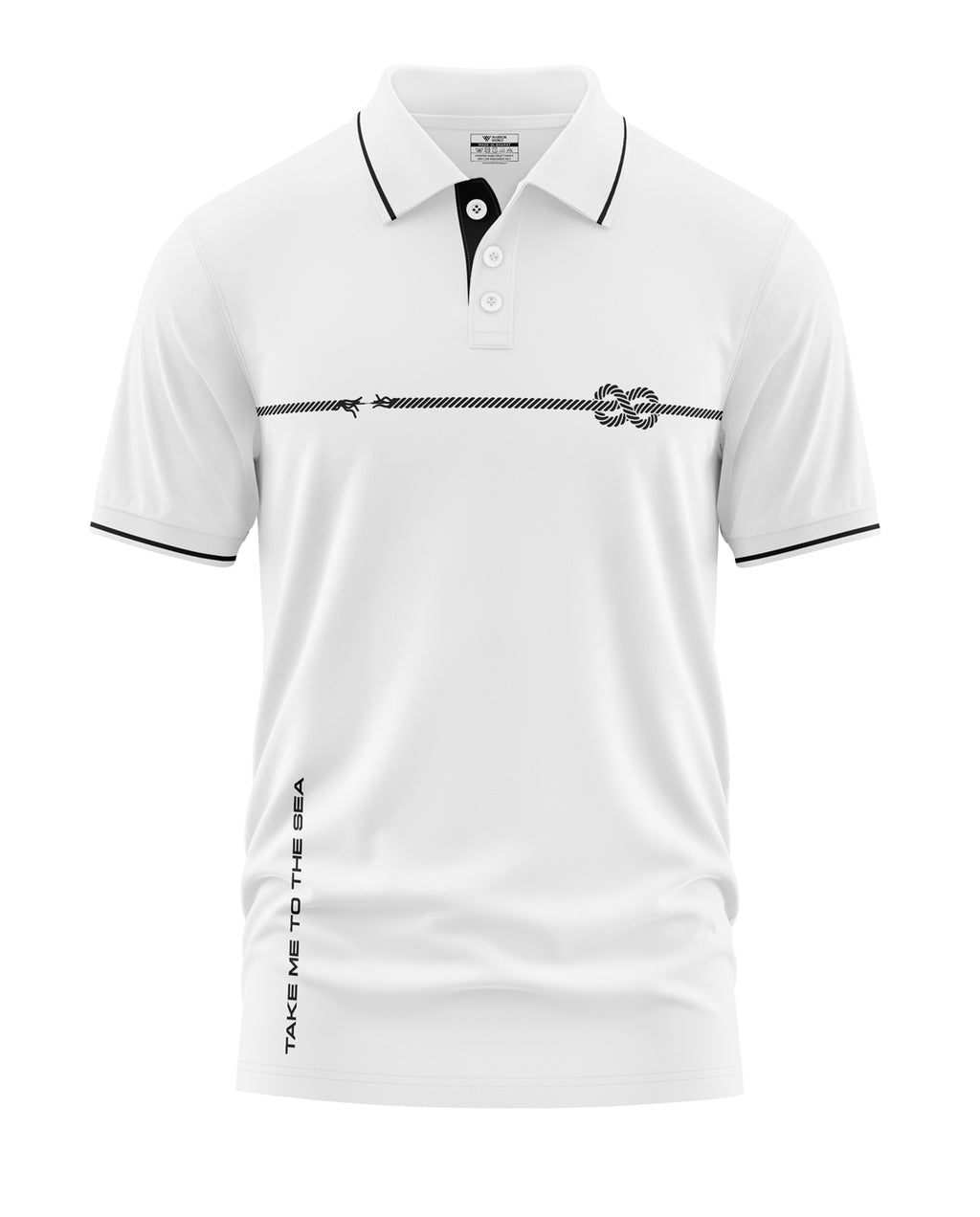 White polo t-shirt with black rope knot graphic, black collar trim, and 'Take Me To The Sea' text.