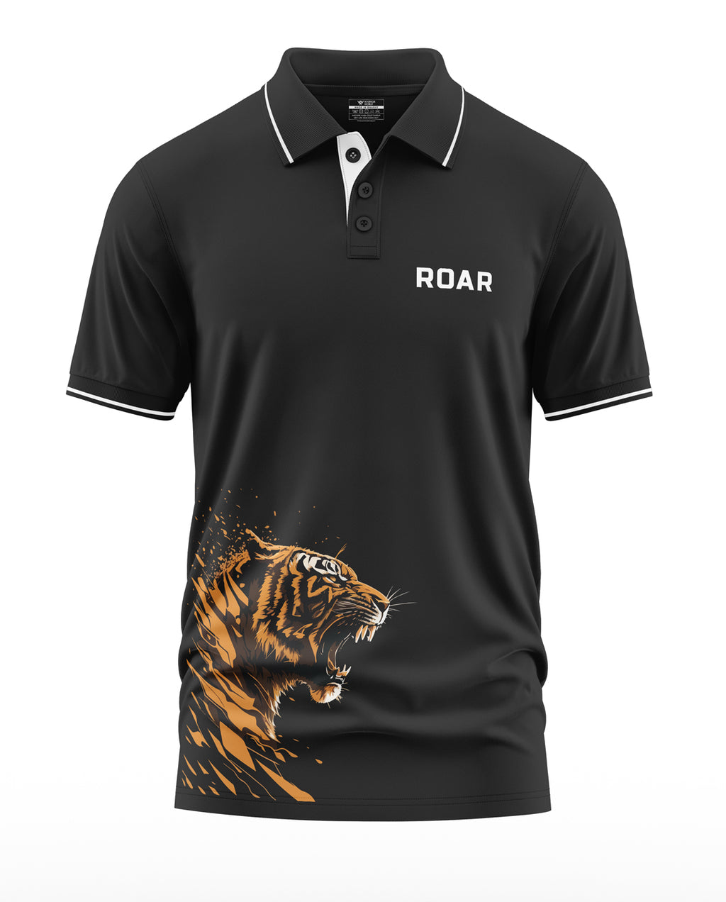 Black men's polo t-shirt with 'ROAR' text and roaring tiger graphic on lower front