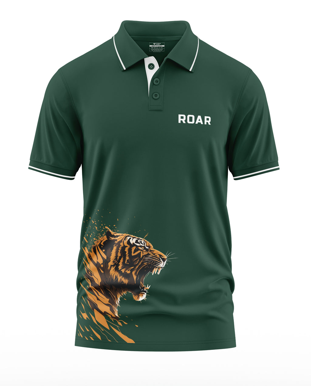 Green polo t-shirt with ROAR text and roaring tiger graphic on front, men's fashion