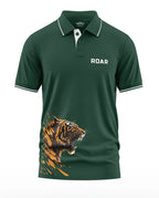 Green polo t-shirt with ROAR text and roaring tiger graphic on front, men's fashion
