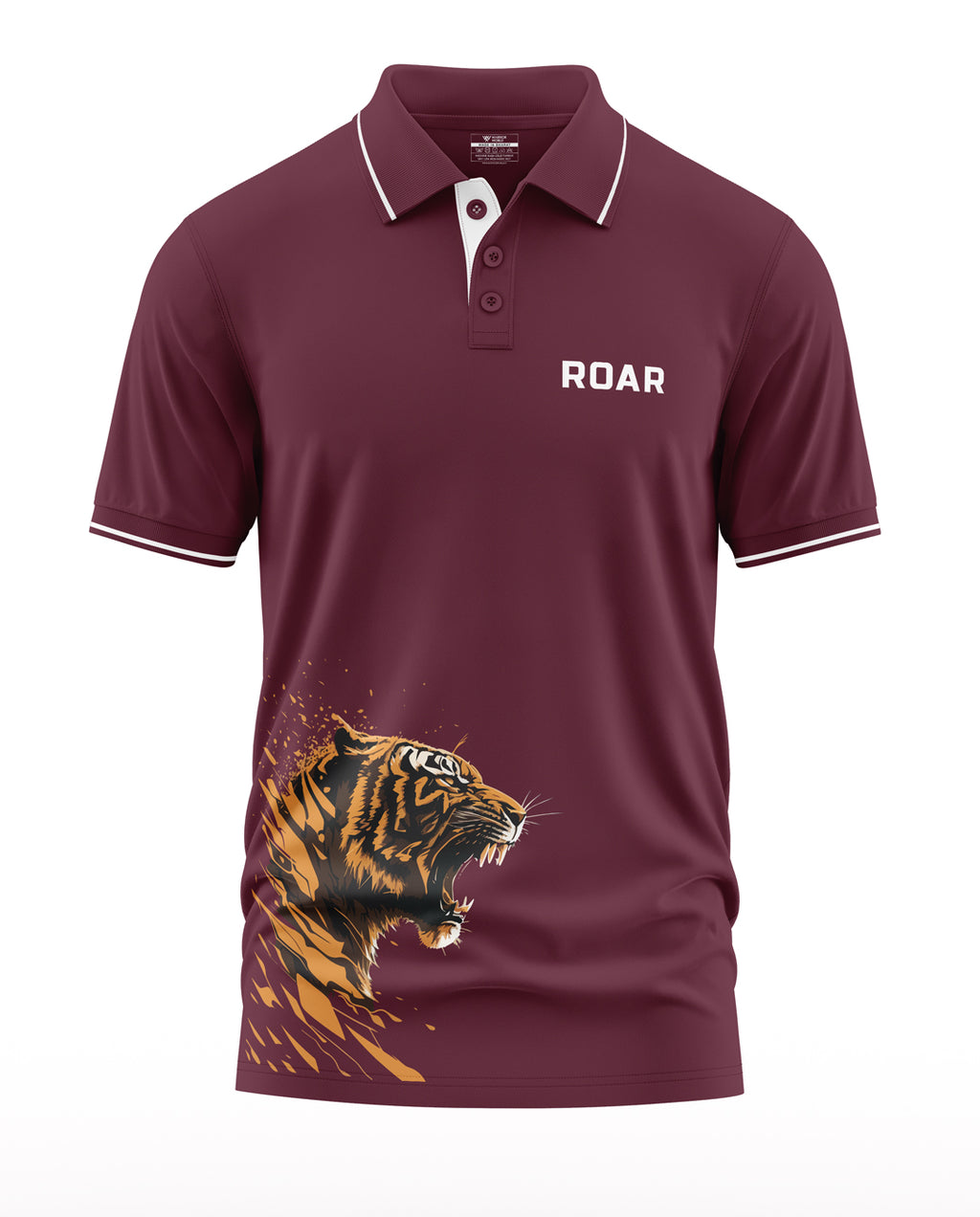 Maroon men's polo t-shirt with white ROAR text and roaring tiger graphic on front