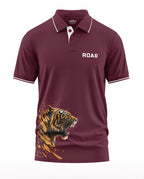 Maroon men's polo t-shirt with white ROAR text and roaring tiger graphic on front