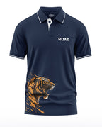 Navy blue men's polo t-shirt with ROAR text and roaring tiger graphic print
