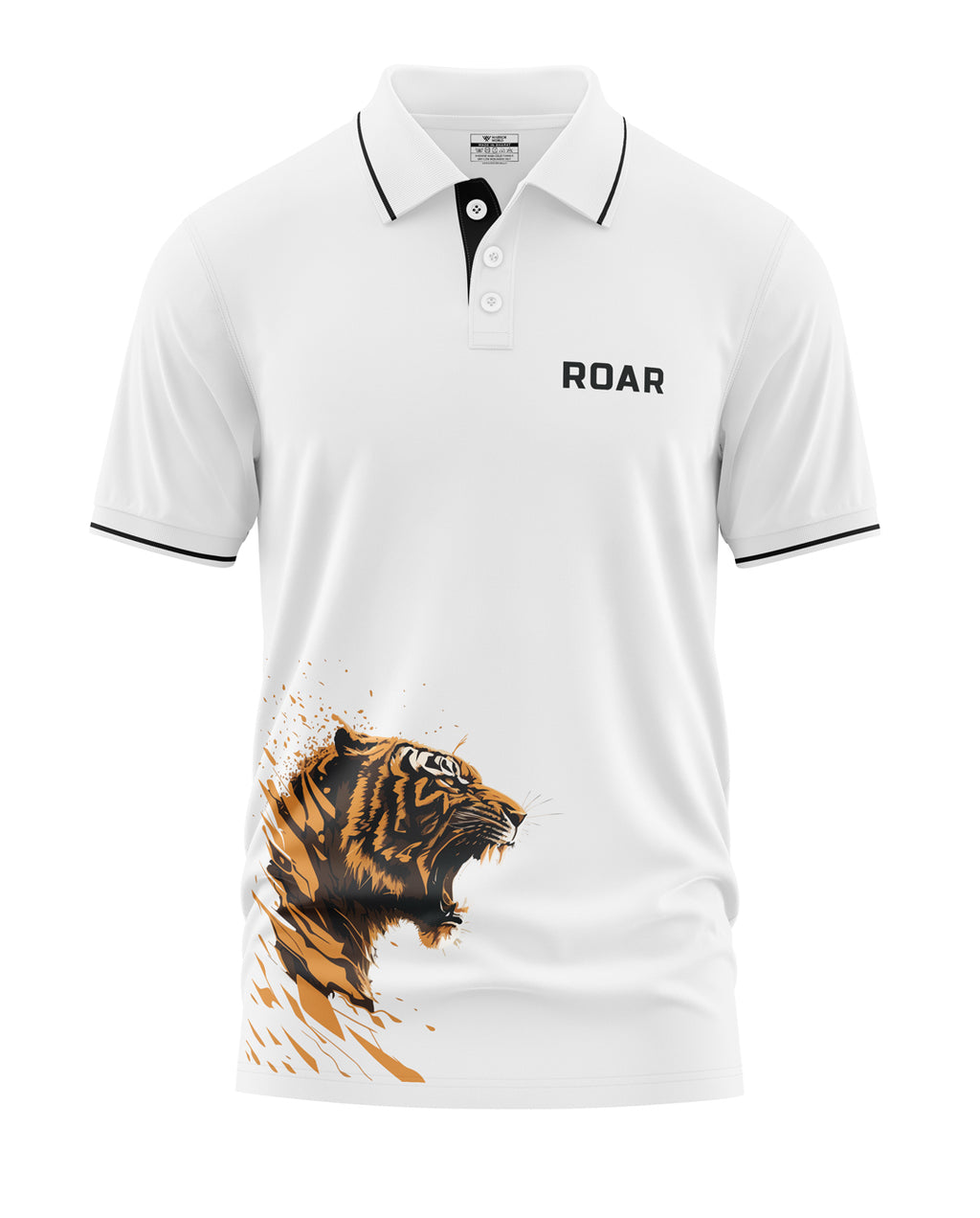 White polo t-shirt with black collar trim, 'ROAR' text, and roaring tiger graphic on front