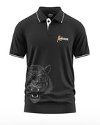 Black men's polo t-shirt with white trim, tiger graphic, and 'Break the Rules' text on chest