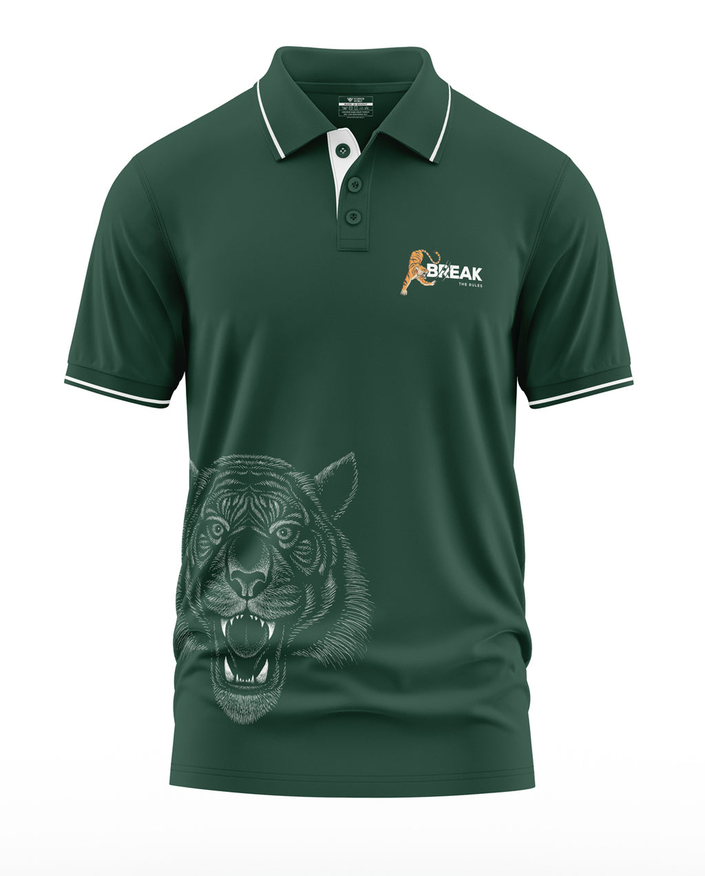 Dark green men's polo t-shirt with tiger graphic and 'Break the Rules' text on chest
