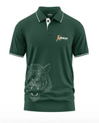 Dark green men's polo t-shirt with tiger graphic and 'Break the Rules' text on chest
