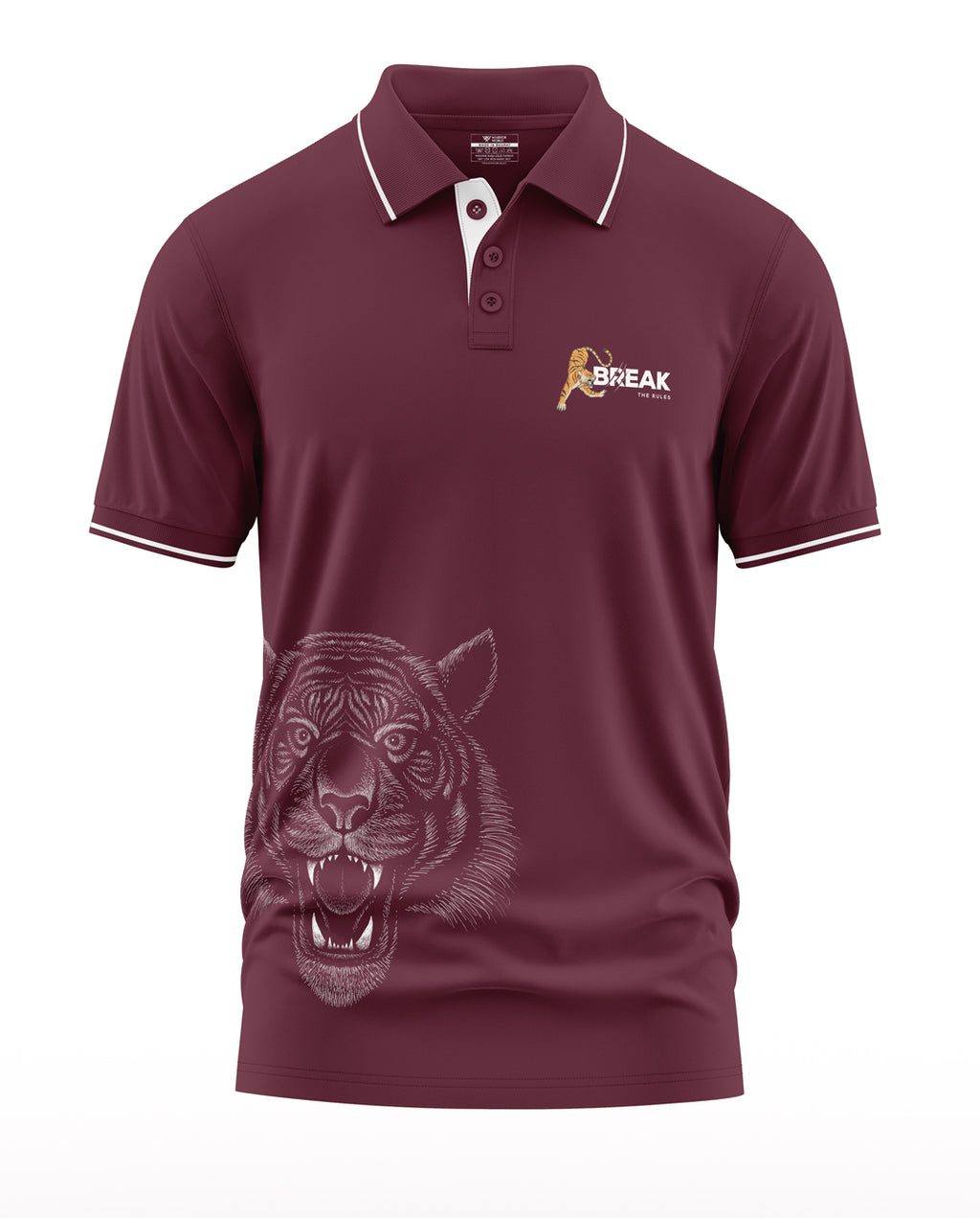 Maroon men's polo t-shirt with white piping, tiger graphic, and 'Break the Rules' text.