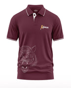 Maroon men's polo t-shirt with white piping, tiger graphic, and 'Break the Rules' text.