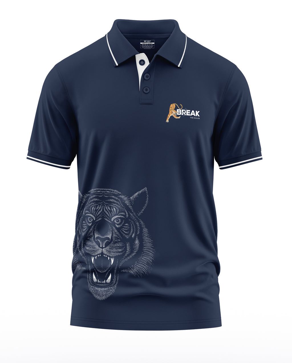 Navy blue men’s polo t-shirt with white tiger graphic and 'Break the Rules' text