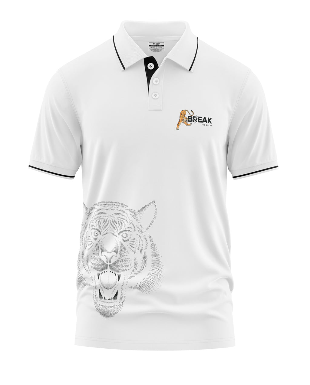 White men's polo t-shirt with black collar, tiger head print and 'Break the Rules' logo