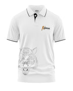 White men's polo t-shirt with black collar, tiger head print and 'Break the Rules' logo