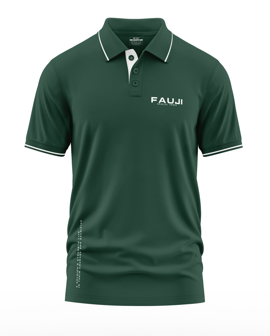 Green polo t-shirt with FAUJI Special Force text, white collar trim and sleeve accents, men's fashion.