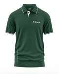 Green polo t-shirt with FAUJI Special Force text, white collar trim and sleeve accents, men's fashion.