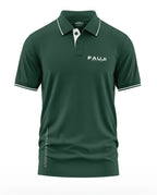 Green polo t-shirt with FAUJI Special Force text, white collar trim and sleeve accents, men's fashion.