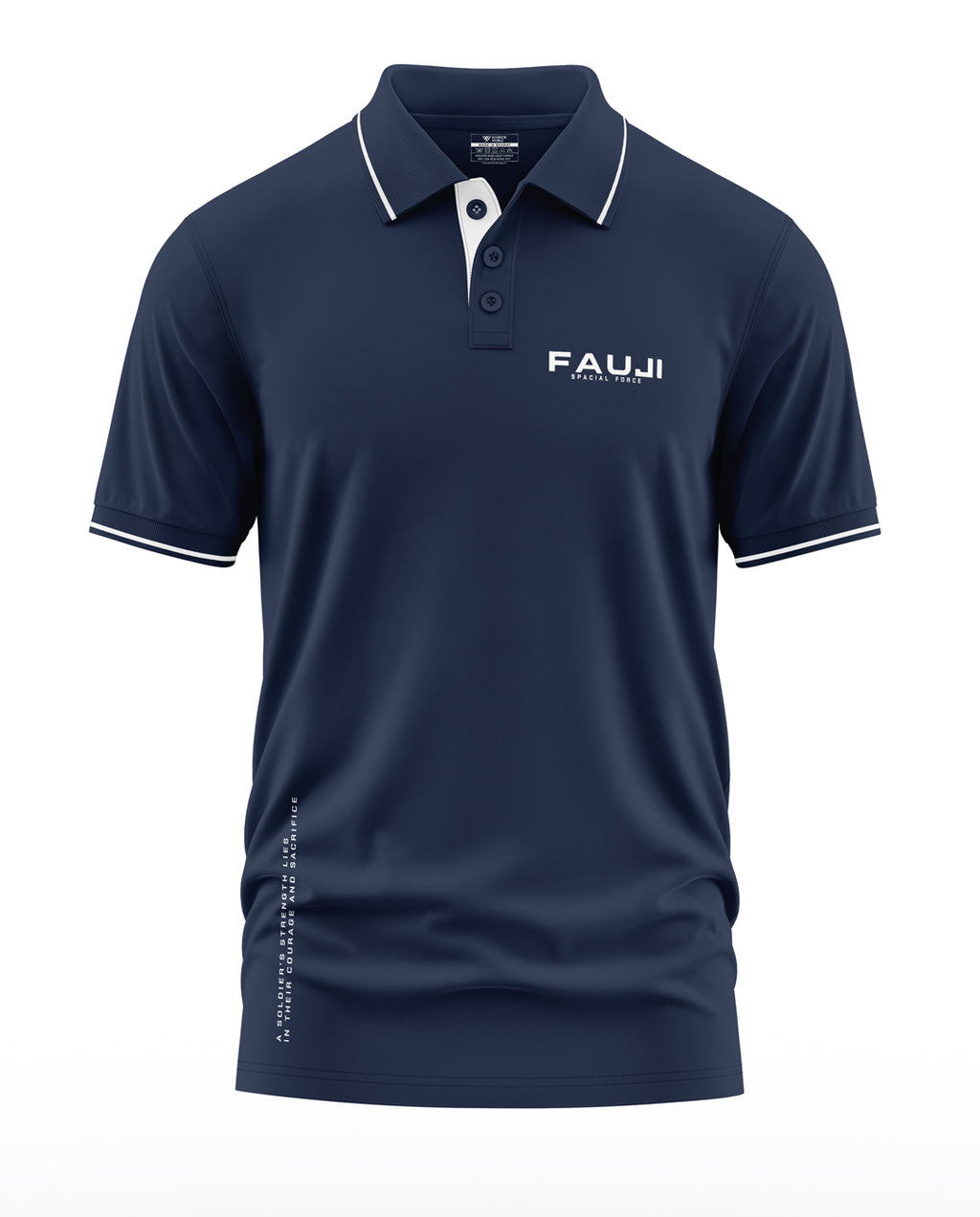 Navy blue men's polo t-shirt with white trim, button placket, and 'FAUJI Special Force' text.