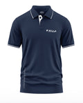 Navy blue men's polo t-shirt with white trim, button placket, and 'FAUJI Special Force' text.