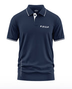Navy blue men's polo t-shirt with white trim, button placket, and 'FAUJI Special Force' text.