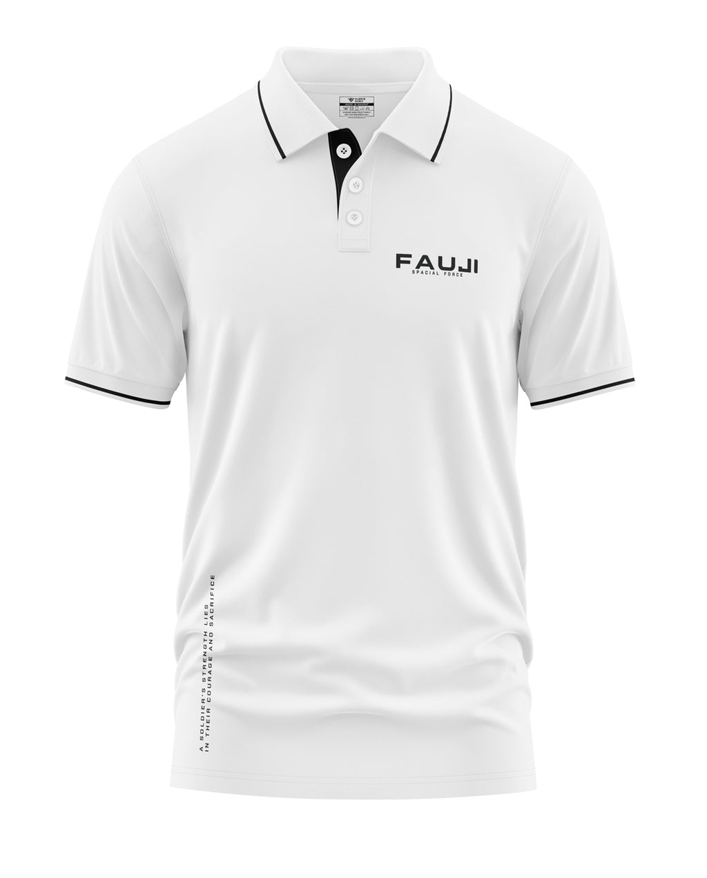 White men's polo t-shirt with black accents, 'FAUJI Special Force' text on chest, short sleeves