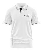 White men's polo t-shirt with black accents, 'FAUJI Special Force' text on chest, short sleeves